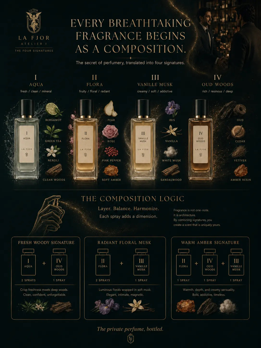 Four La Fjor fragrances with their note architecture and composition logic
