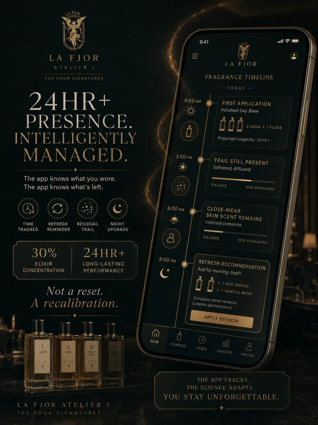 La Fjor app showing an estimated fragrance timeline and recalibration