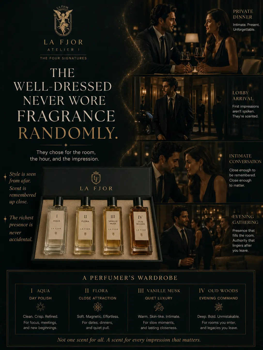 La Fjor fragrance wardrobe across private dinner, lobby and evening gathering
